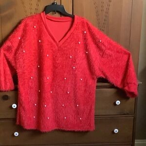 Elegant Red V-Neck Sweater with Pearl Details